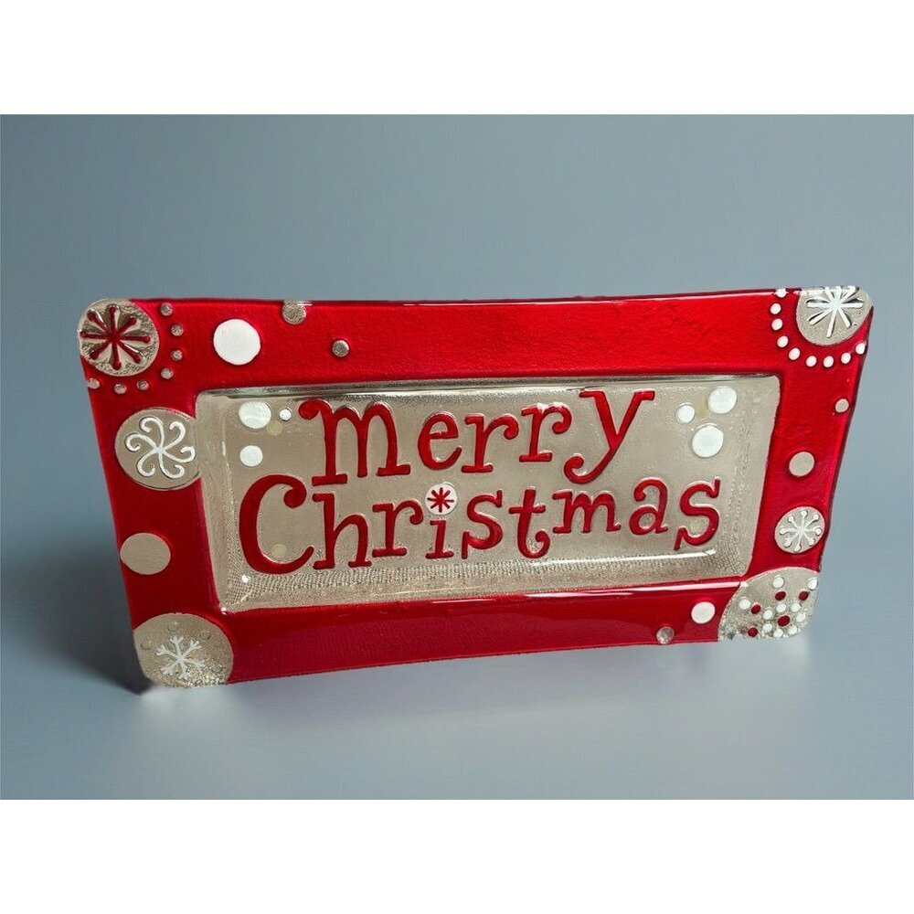 Red & Silver Glass "Merry Christmas" Serving Tray Platter‎ 15x8 Decor